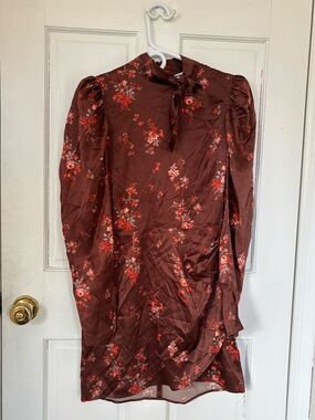Reformation Silk Brown Floral Tie-Neck Long Sleeve Dress